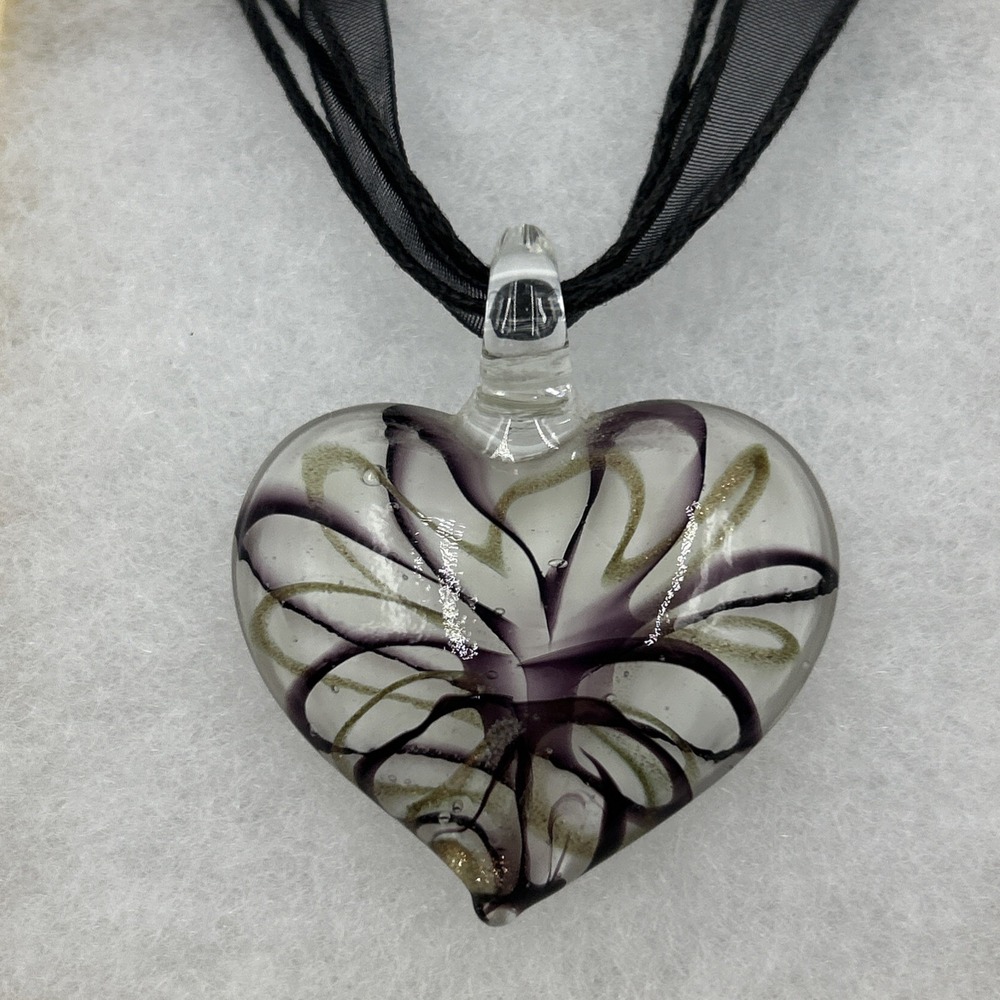 Heart Pendant Necklace Handmade Glass Dark Purple W/ Gold Stardust Swirl Design